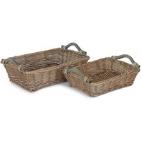 Red Hamper Set of 2 Antique Wash Wicker Tray with Wooden Handle in Brown