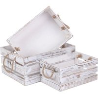 Red Hamper Set of 3 Distressed White Rope Handled Wooden Crates