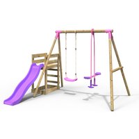 OutdoorToys Wooden Double Swing Set with Glider & Slide - Star Pink