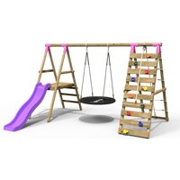 OutdoorToys Wooden Swing Set with Nest Swing, Slide & Climbing Wall - Pyrite Pink