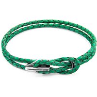 ANCHOR & CREW Men's Padstow Silver & Braided Leather Bracelet in Green | Size: 19 cm