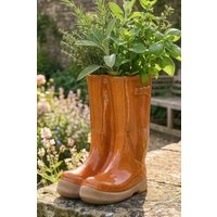 Dibor Orange Double Wellington Boots Large Ceramic Indoor Outdoor Flower Pot Garden Planter Pot H29.5 x W24cm
