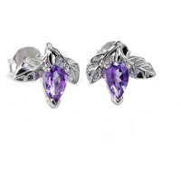 Ojewellery Women's Amethyst Leaf Detail Stud Earrings in Silver