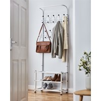 House of Home Clothes Stand Hallway Multi Purpose 18 Hooks Jackets Hats Bags 2 Shelves For Shoes White