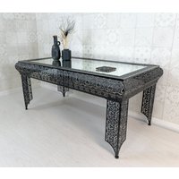 Downton Interiors Black Embossed Metal Mirrored Glass Coffee Table - Agadir Range | Size: Large