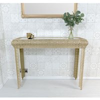 Downton Interiors Light Gold Embossed Metal Mirrored Glass Console Table - Agadir Range | Size: Medium