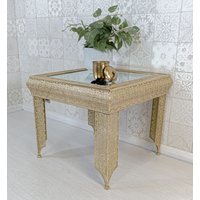 Downton Interiors Light Gold Embossed Metal Mirrored Glass Side Table - Agadir Range | Size: Medium