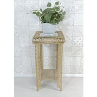 Downton Interiors Light Gold Embossed Metal Mirrored Glass Side Table with Shelf - Agadir Range | Size: Medium