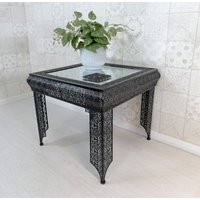 Downton Interiors Black Embossed Metal Mirrored Glass Side Table- Agadir range | Size: Medium
