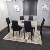 KOSY KOALA Stone Grey Effect Dining Table Set with 6 Black Chairs Stylish Dining Room Furniture Set in Brown