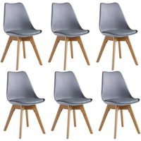 Life Interiors Set of 6 'Tulip Dining Chairs' Leather Padded Seat Solid Wood Legs in Grey