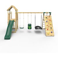 OutdoorToys Wooden Climbing Frame with Triple Swing, Up & Over Climbing Wall & Slide in Beige