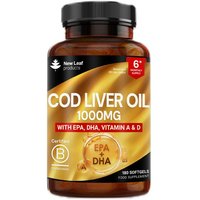 New leaf health Cod Liver Oil Capsules 1000mg - 180 High Strength Softgels - Rich in Omega 3 EPA DHA Fatty Acids + Vitamins A & D in Yellow
