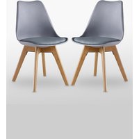 Life Interiors Set of 2 'Tulip Dining Chairs' Leather Padded Seat Solid Wood Legs in Grey