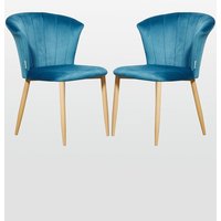 Life Interiors Set of 2 Elsa Velvet Dining Chairs with Wooden Legs, Curved Back & Comfortable Seating in Blue