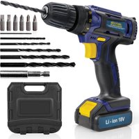 Skotek 18V Cordless Drill & Drill Bit Set 18V Battery & Charger & Case Included in Blue