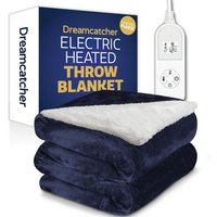 Dreamcatcher Deluxe Electric Throw Heated Double Over Blanket Soft Sherpa Micro Fleece Variable Heat & Timer Settings in Dark Blue