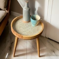 Hartsmede Handmade Mango Wood Side Table Detachable 22" Legs Intricate Metal Embossed in Ivory