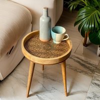 Hartsmede Handmade Mango Wood Side Table Detachable 16" Legs Intricate Metal Embossed in Brown