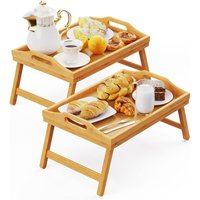 MANTRARAJ Bamboo Bed Tray Table Pack Of 2 With Foldable Legs & Handles Breakfast Tray in Natural | Size: 2 Pack