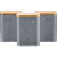 3pc Embossed Tea Coffee Sugar Kitchen Storage Bins Bamboo Lids