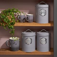 Cooks Professional 3-Piece Tea Coffee & Sugar Storage Canisters Bins with Silver Labels in Grey