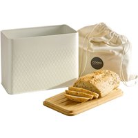 Diamond Pattern Bread Bin Linen Bag & Bamboo Cutting Board Lid White