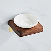 Abloh Luxury Ceramic Soap dish Shelf Wooden Walnut & Brushed Gold