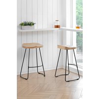 MH London 'Lara' Set of Two Saddle Seat Breakfast Bar Stools: Handmade Armless Wood Counter Barstool with Black Legs in Natural