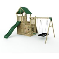 OutdoorToys Wooden Climbing Frame with Play Tower & Slide - M8 Double Swings in Brown