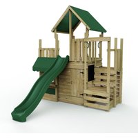 OutdoorToys Wooden Climbing Frame with Shopfront, Play Tower & Slide - M22 Shop & Den in Brown