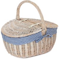 Red Hamper Wicker White Wash Finish Oval lined Picnic Basket in Blue