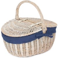 Red Hamper Wicker White Wash Finish Oval lined Picnic Basket in Navy