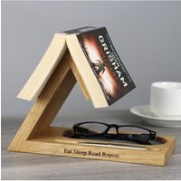 MijMoj Design Book Stand in Solid Oak with Glasses Tray & Pen Holder Engraved with Eat.Read.Sleep.Repeat in Light Oak