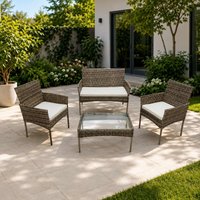 Alivio 4-Piece Rattan Patio Furniture Set with Loveseat, Armchairs & Glass Coffee Table in Grey