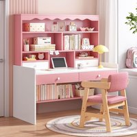 Wooden Pink White Free Standing Study Table Desk Shelves & Drawers Home