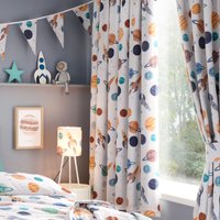 Happy Linen Company Cosmic Planets Fully Lined Thermal Blackout Pencil Pleat Curtain Set in White | Size: 167 cm width x 183 cm drop