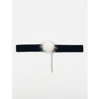 SVNX Women's Black Faux Velvet Band Choker Necklace With White Pom Pom