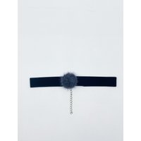 SVNX Women's Black Faux Velvet Band Choker Necklace With Grey Pom Pom