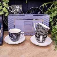Madison & Mayfair Set of Four Purple & White Patterned Teacups & White Saucers in Grey