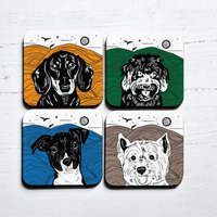 Afewhometruths Cute Dog Gift: Set of Four Linocut Coasters with Sausage Dog, Cavapoo, Jack Russell & Westie Designs in White