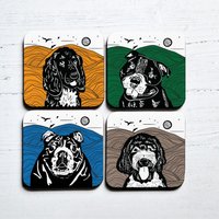Afewhometruths Dog Lovers' Delight: Set of Four Linocut Coasters with Cocker Spaniel, Staffy, Bulldog & Goldendoodle Designs in White
