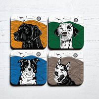 Afewhometruths Set of Four Linocut Coasters with Labrador, Dalmatian, Border Collie & Husky Designs in White