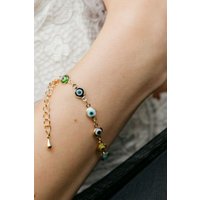 The Colourful Aura Multi-Colour Turkish Evil Eye Beaded Protection Rainbow Bracelet in Gold | Size: 7.5 inches