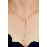 The Colourful Aura Women's White Pearl Drop Karma Elegant Y Shape Everyday Elegant Lariat Drop Necklace in Gold