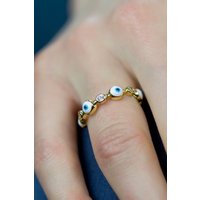 The Colourful Aura Women's Adjustable Blue White Evil Eye Protection Slim Stacking Ring
