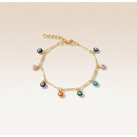 The Colourful Aura Women's Silver Plated Dainty Evil Eye Protection Charm Beaded Dangly Adjustable Bracelet in Gold | Size: 7.5 inches