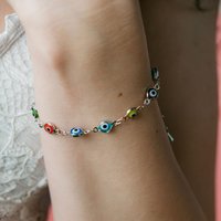 The Colourful Aura Women's Colourful Silver Plated Turkish Evil Eye Charm Bead Protection Rainbow Bracelet | Size: 7.5 inches