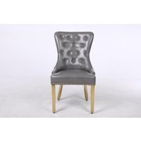 Modernique Set of 2 Luna Leather Aire Dining Chairs with Knocker, Stud & Golden Legs in Grey