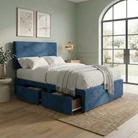 Bed Time UK Plush Divan Bed with 2 Drawers, 20" Plain Headboard & Memory Mattress in Blue | Size: Single